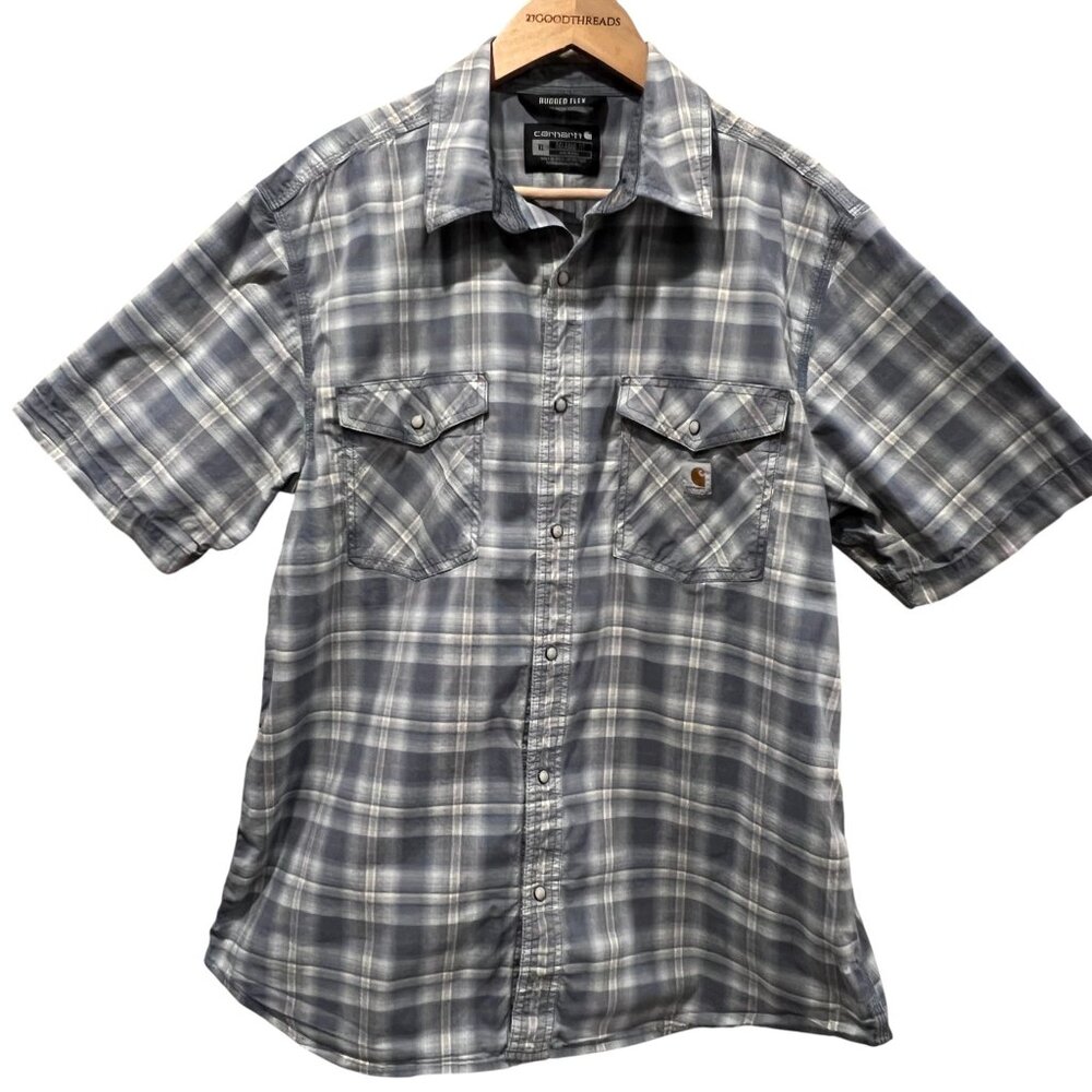 Carhartt Plaid Relaxed Fit Short Sleeve Snap Shirt, Blue Gray, XL
